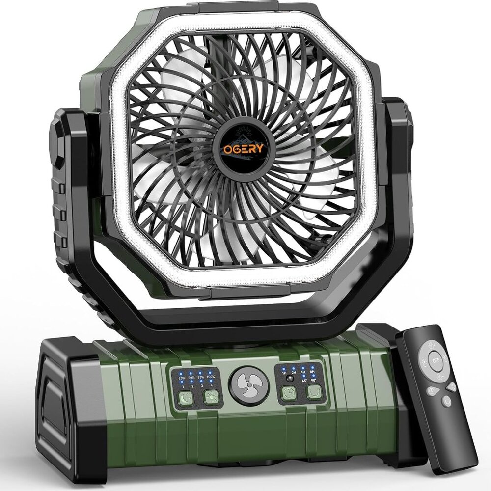 Rechargeable Camping Fan with LED Lantern, Portable Battery Powered Fan, Remote